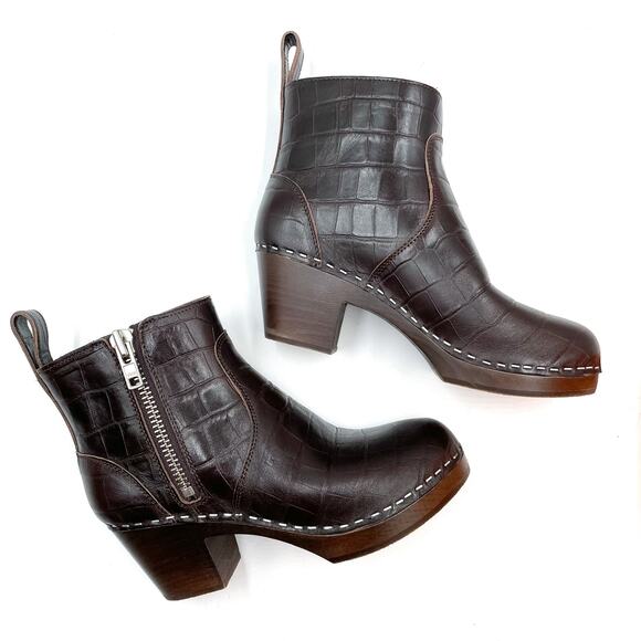 Swedish Hasbeens Zip It Emy Boots Croc Leather Dark Brown Platform Sz 37 / 7 - Picture 2 of 10